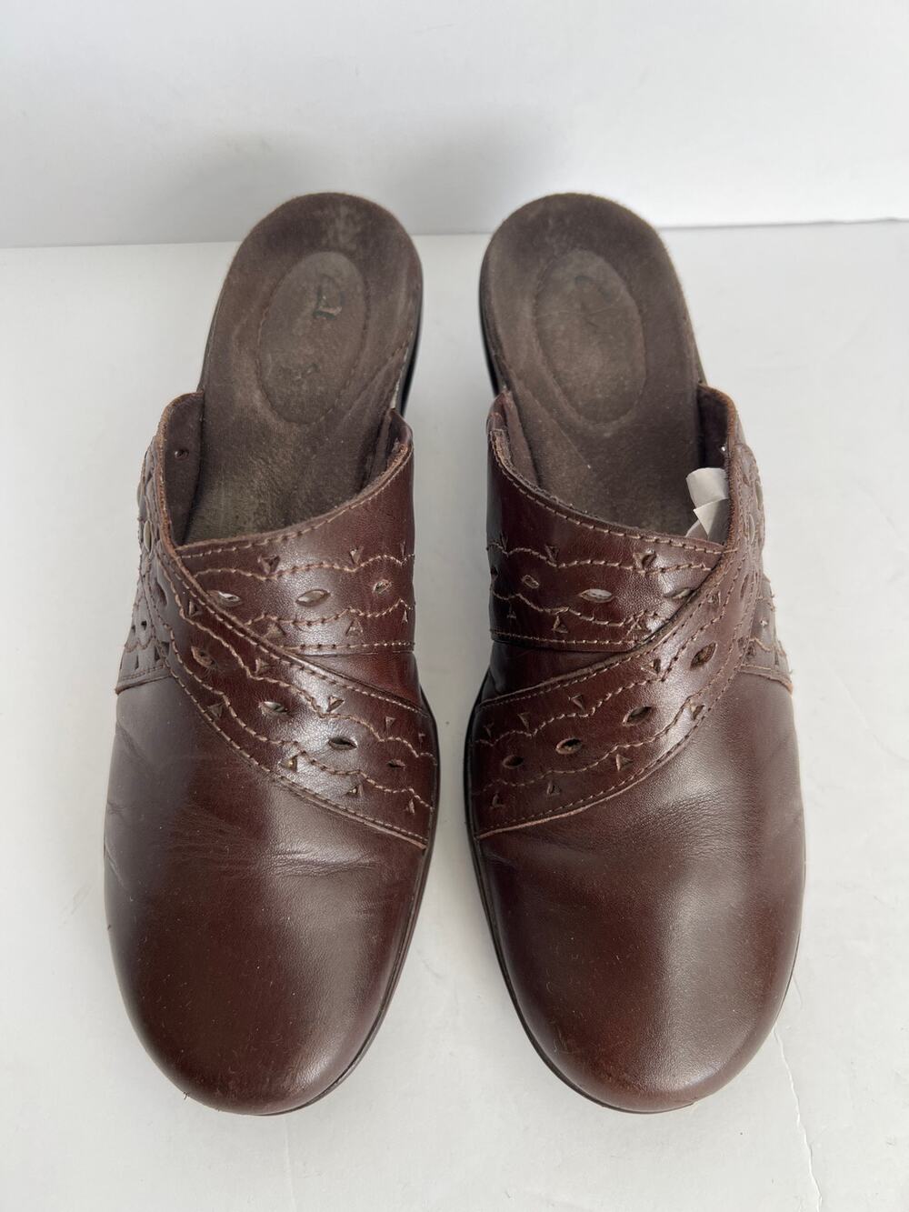 Clarks Collection Brown Leather Stitched Cutout Clog Mule Wedge Women Size 7